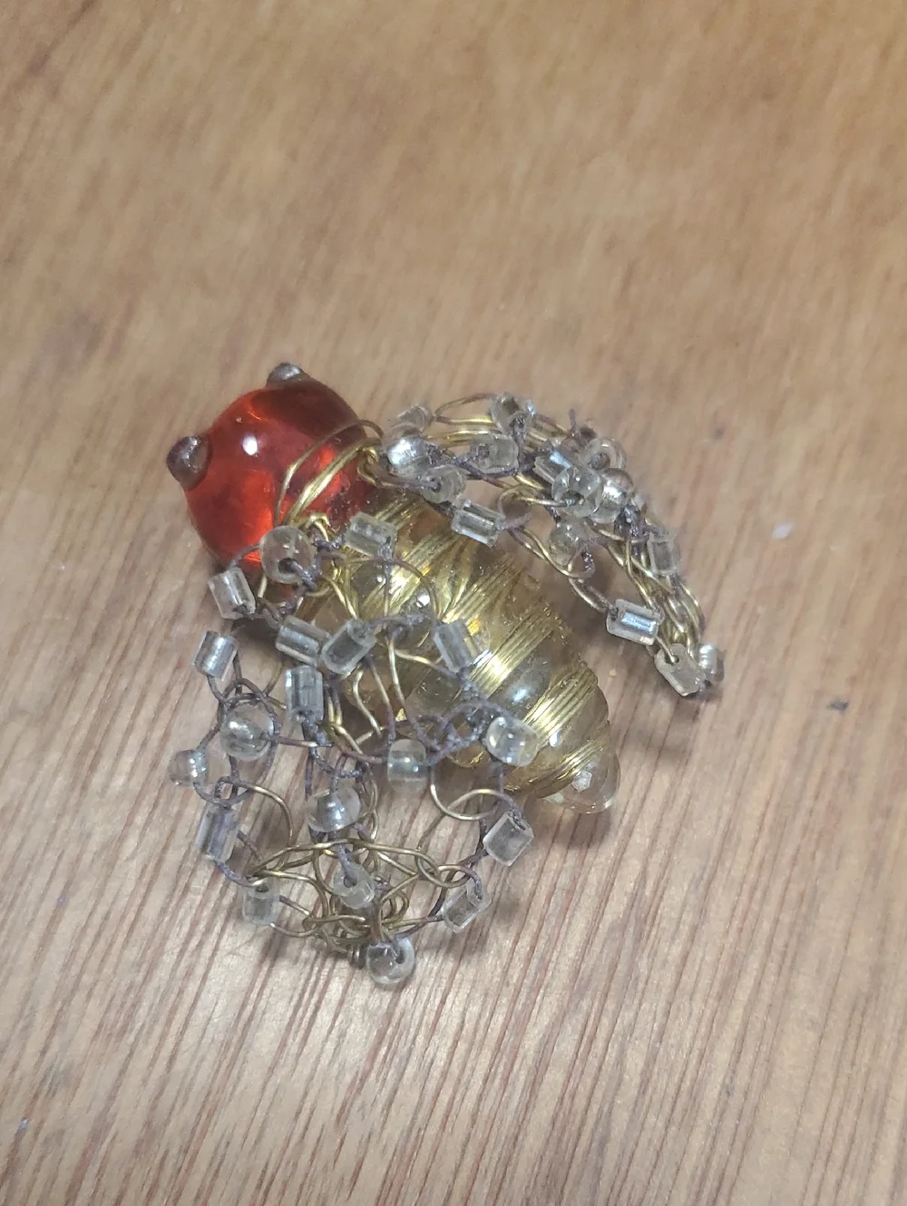 Handcrafted Amber-Tone Bee Brooch with Clear Bead Accents BD